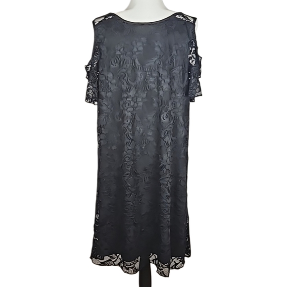 Chic Soul Fleece Lined Black Lace Cold Shoulder Midi Shift Dress, 1XL - Picture 5 of 8